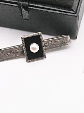 Sterling Engraved Black Onyx  Akoya Cultured Pearl Tie Bar/Money Clip-